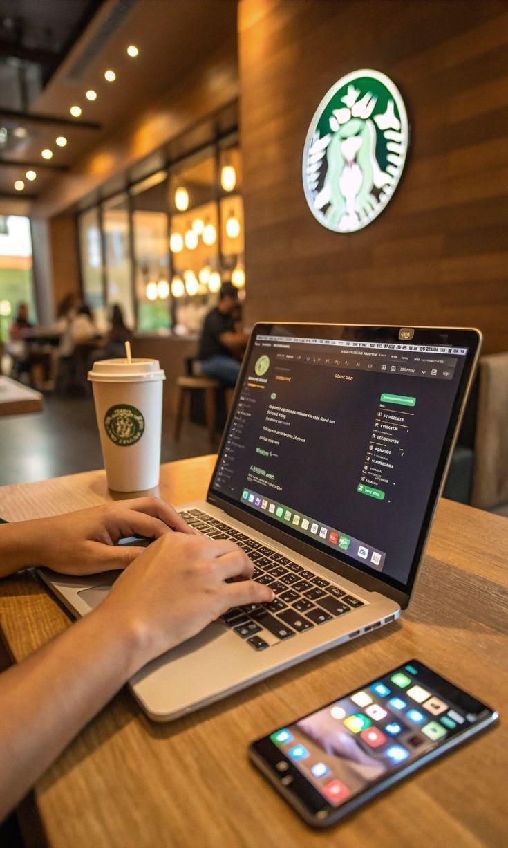 MacBook on a desk beside coffee
